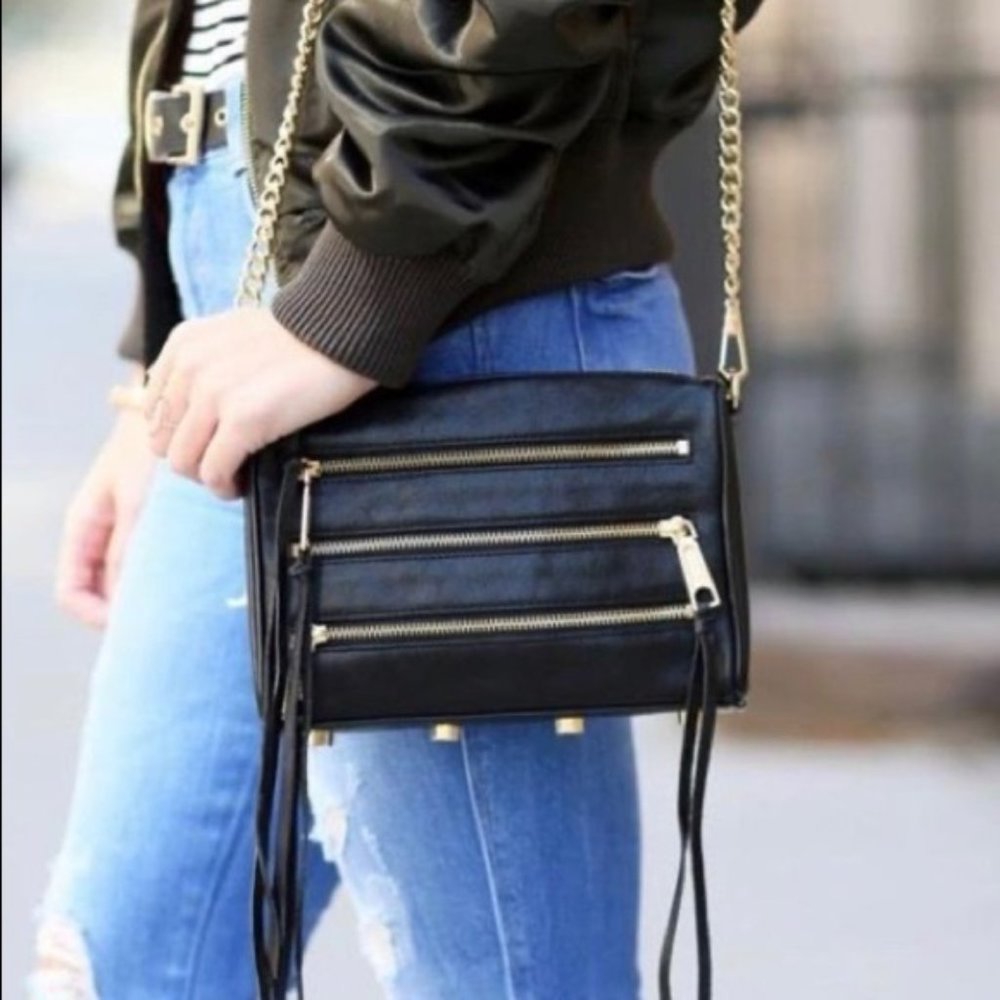 Rebecca Minkoff Mini MAC Leather Black Crossbody Chain Bag Purse Gold tone 5 zip